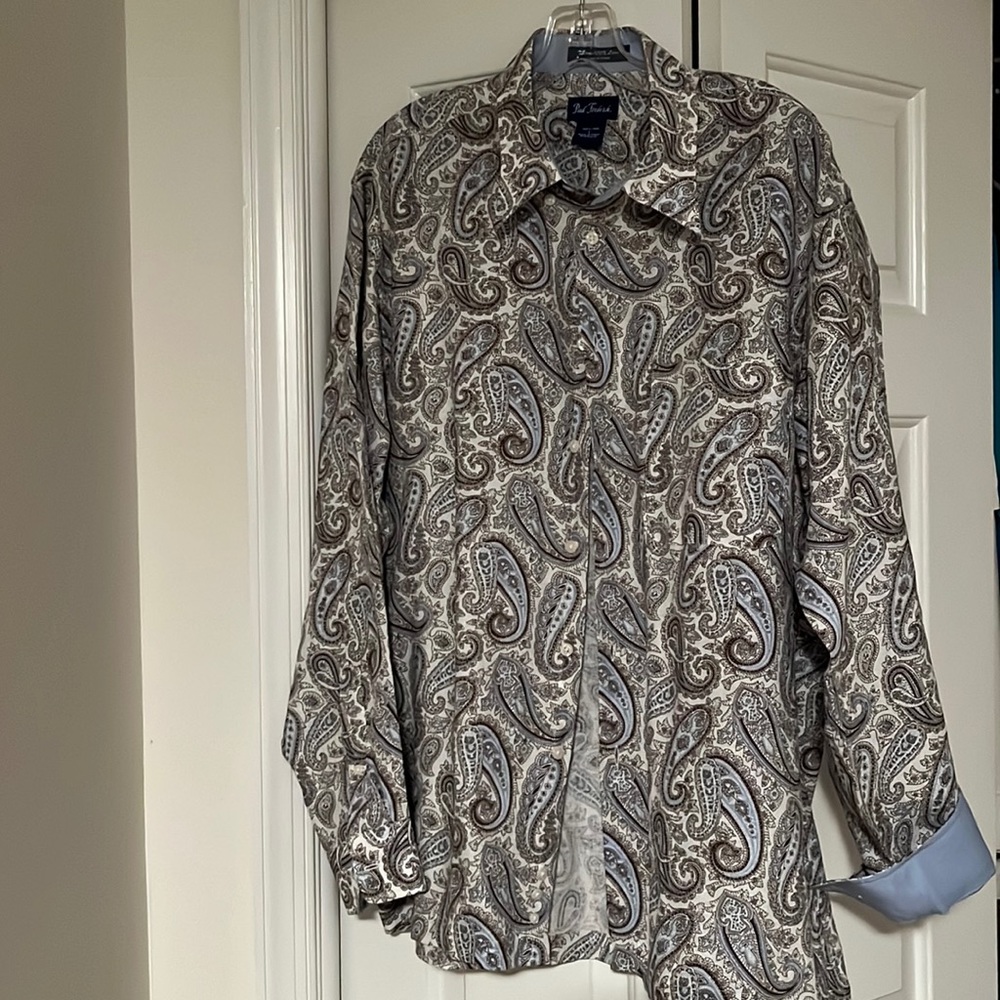 Paul Fredrick 100% linen button-down shirt, paisley blue, cream, brown. Large.